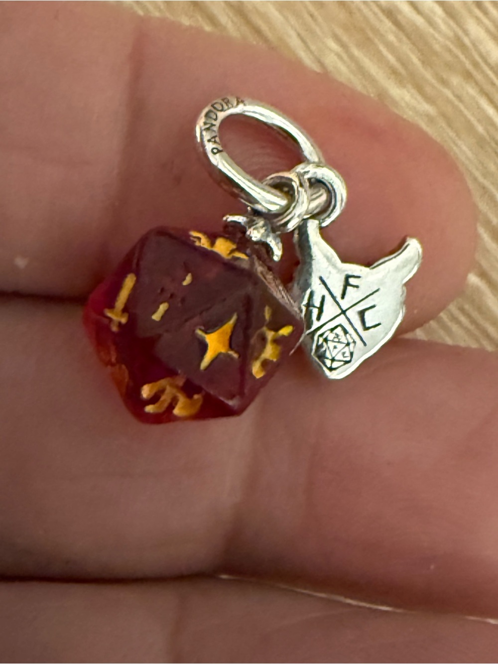 Pandora Red and Gold D20 Charm with Shield Tag